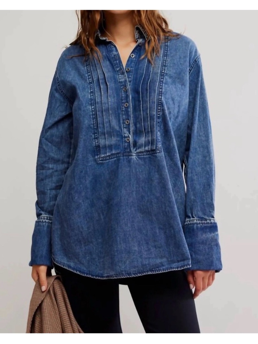 We the Free After Hour Denim Pullover Shirt - Montauk Blue wash, size small